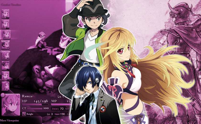 A montage showing the main characters from Persona 3 Reload, Tales of Xillia, and Pokémon Legends Z-A. You see a Dragon Quest 1&2 image and a screenshot from Final Fantasy Tactics behind them